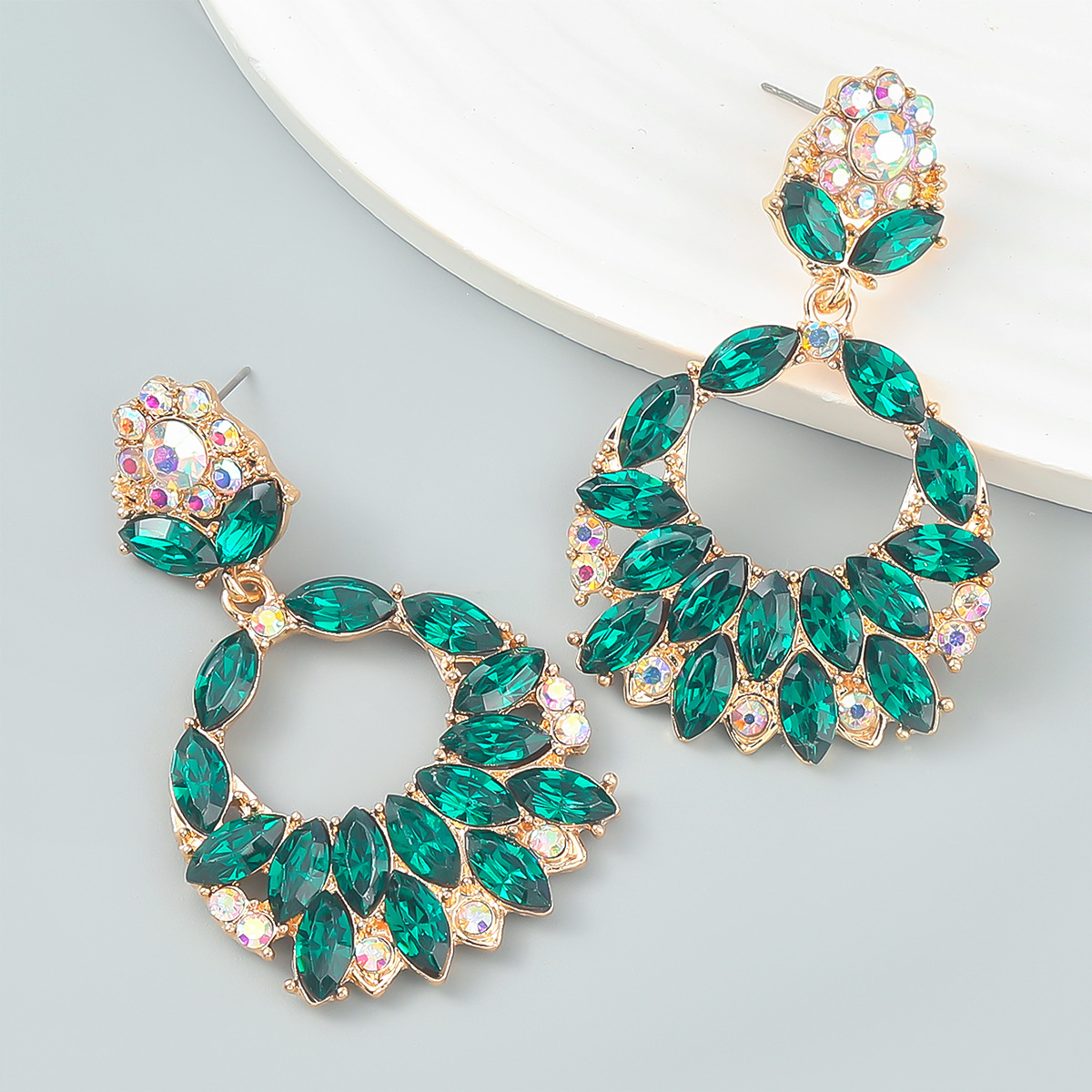 Fashion Green Alloy Diamond Round Stud Earrings