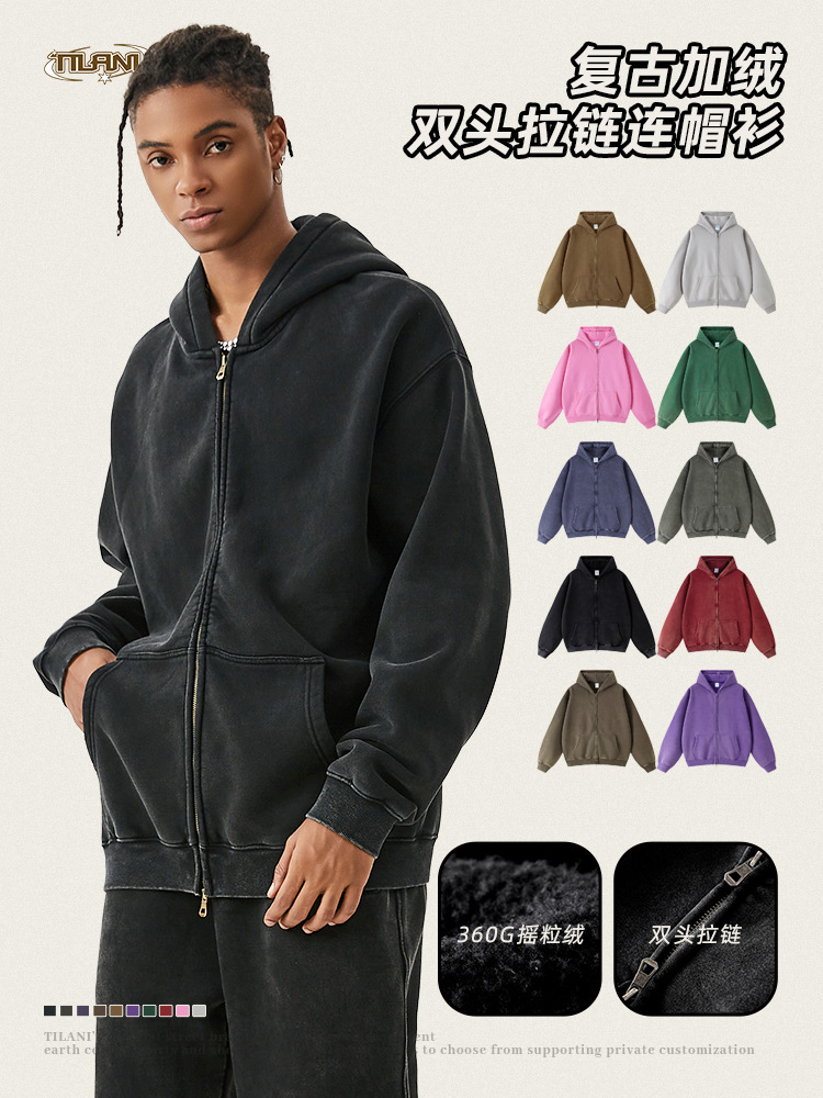 TILANI suéter de los hombres cardigan forrado de lana engrosada cremallera abrigo 360g lavado vintage encerado casual Sudadera con capucha