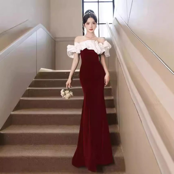 Black Velvet Evening Dress, High-End Light Luxury, French Style, High-End Coming-Of-Age Ceremony Host Banquet Art Test One-Shoulder