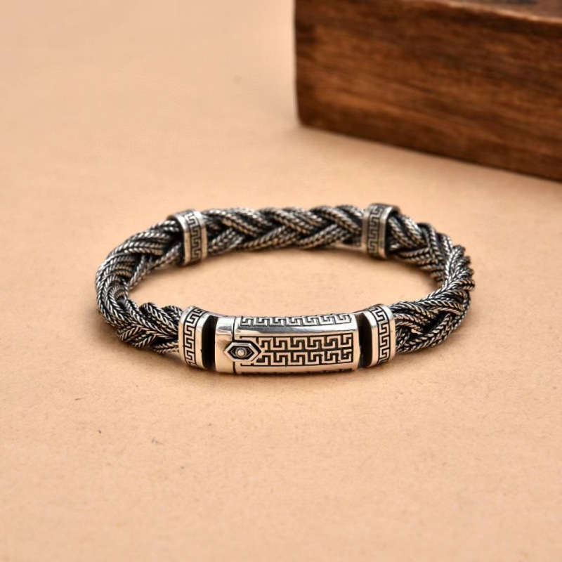 National Fashion Wholesale Personality Sterling Silver Great Wall Pattern Woven Twist Bracelet Men's Thai Silver Retro Elegant Fashion Handsome Jewelry