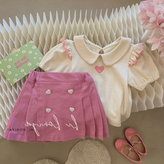 女童套裝2023夏新款愛心刺繡泡泡袖打底衫百褶短裙兩件套95125
