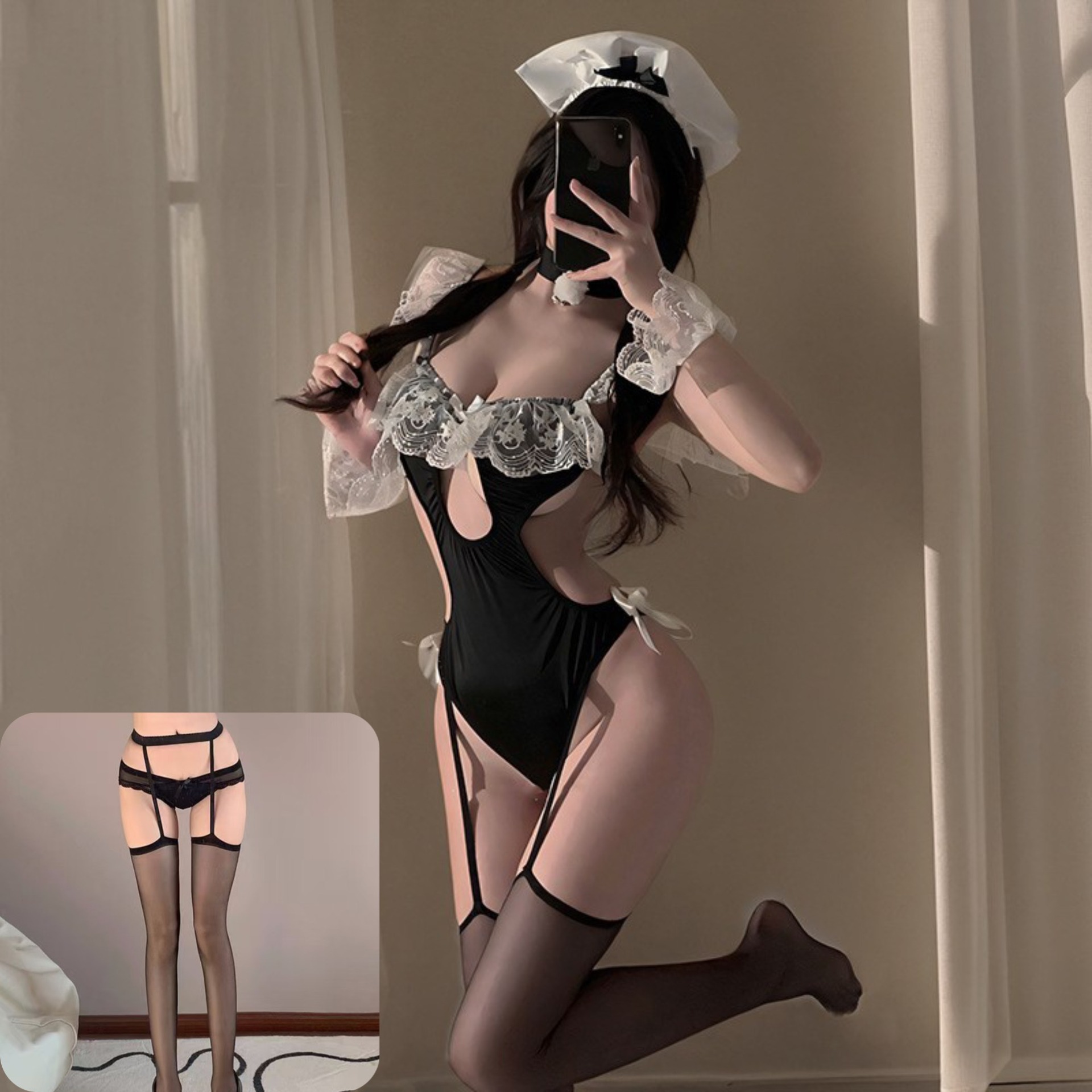 메이드복 + 검정 멜빵과 검정 스타킹