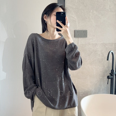巨大な美しいスパンコールの空気感亜麻の糸のライセルニットの長袖のtシャツの女性の2025春夏の新しいYN25-316
