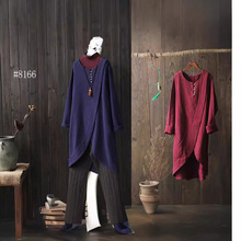 8166棉麻连衣裙套头开衩短款袍子打底裙