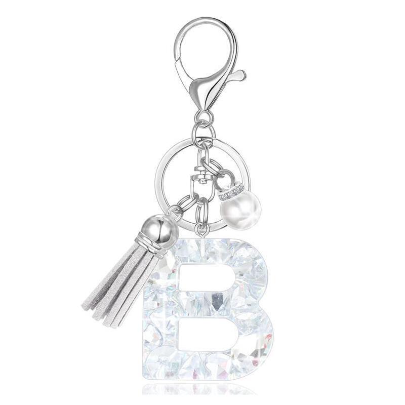Resin 26 English Alphabet Keychain Women's Rhinestone Alphabet Keychain Tassel Faux Pearl and Initials