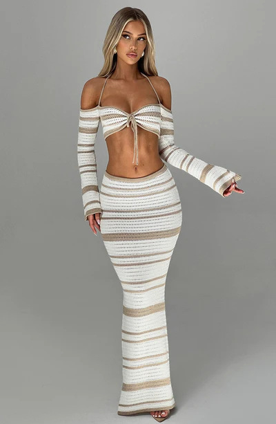 427g Weight Long Sleeve Sleeve Length Polyester Fabric Type Skirt Co-ord Set Sets Type 2 Pieces Set Quantity Holiday Occasion Halter Neck Neckline Comfort Function Regular Fit Fit Type Stripe Pattern Summer Season Women's Gender Streetwear Style Holiday Women's Streetwear Stripe Polyester Skirt Co-ord Set Skirt Sets 12