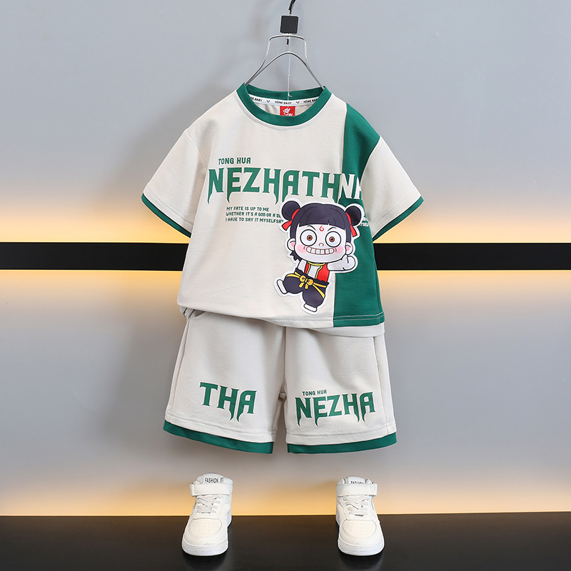 7928 traje de verano para niños 2025 nuevo traje de dos piezas de manga corta de dibujos animados para niños ropa delgada de verano para bebés de moda