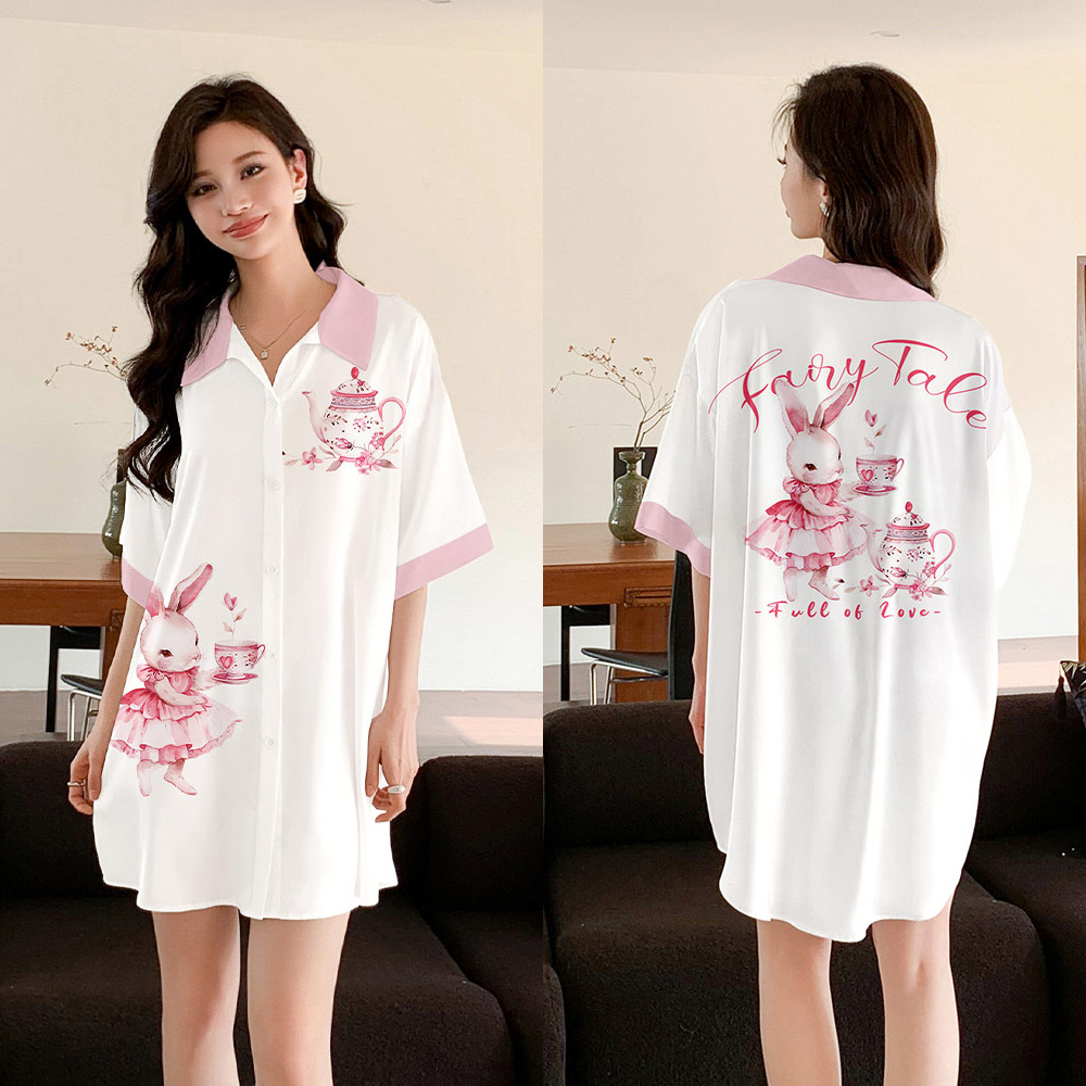 Yaoting nuevo pijama de mujer satin Chiffon Cardigan vestido de pijama de manga corta de seda de hielo vestido vestido de camisa SQ3525 ropa para el hogar