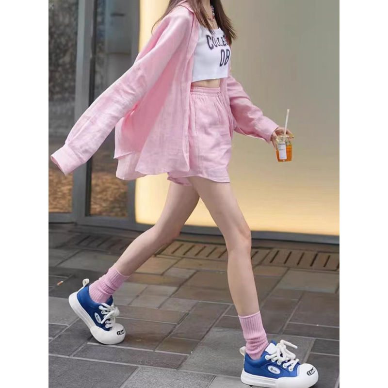 면 및 린넨 셔츠 여성 정장 캐주얼 스포츠 여름 패션 기질 자외선 차단제 핑크 셔츠 투피스 세트