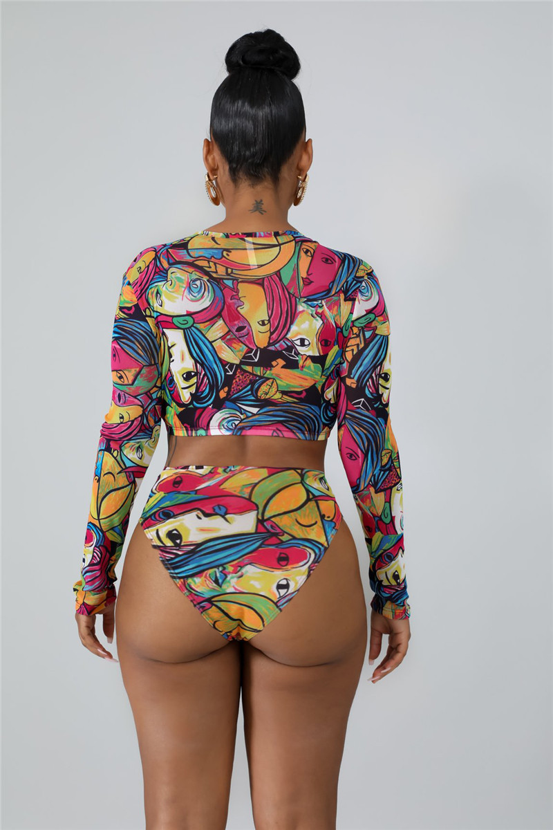 printing zipper long-sleeved split swimsuit NSHL24074