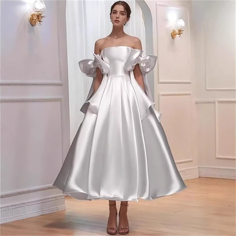 One-Shoulder Light Wedding Dress with Tie, New Simple Solid Color Elegant Party Dress with Puffy Skirt One-Shoulder Light Wedding Dress with Tie, New Simple Solid Color Elegant Party Dress with Puffy Skirt