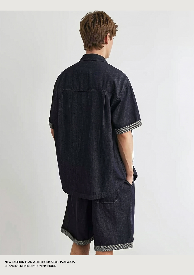 Bộ đồ denim nam 2 mảnh áo sơ mi ngắn tay quần short — màu xanh chi tiết 14