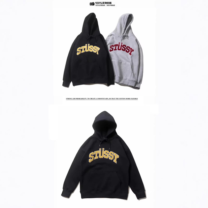 Three Tags Complete, American-Style Trendy Brand Stu Stussy Logo Lettering, Velvet-Printed Pure Cotton Long-Sleeve Hooded Sweatshirt, Couple's Style