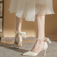 尖头单鞋女2023年春季新款一字带珍珠蝴蝶结仙女风白色高跟鞋细跟