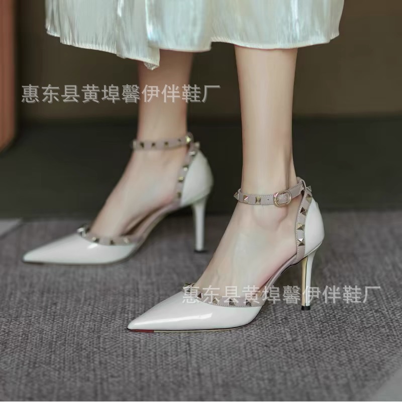 New Style 2025 Summer European and American Niche Pointed Stiletto Heel Sandals Women's Rivet Shallow-vat Patent Leather Fashionable All-match High-heeled Shoes