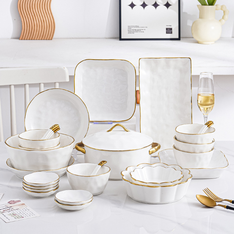Bowl and dish suit household ceramic net red golden edge bowl and chopsticks plate high-grade light luxury style housewarming tableware suit bowl and plate Bowl and dish suit household ceramic net red golden edge bowl and chopsticks plate high-grade light luxury style housewarming tableware suit bowl and plate