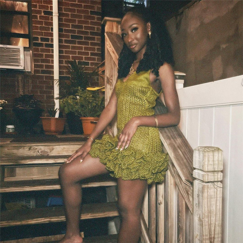 2024 Abito da donna nuovo sexy con bordo auricolare in legno cavo, lavorato a maglia, con fascia avvolgente_voghion.com