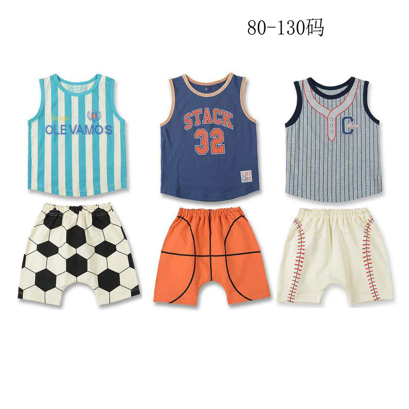 Japanese Surplus Stock Summer Pure Cotton Boys' Tank Top, Toddler Shorts, Round Neck Top, Casual Shorts, Can Be Worn as a Set