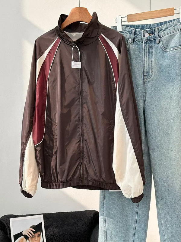 French Single! Designer Style! Mocha Brown Color Matching Lightweight Zipper Sports Jacket Tops for Women New French Single! Designer Style! Mocha Brown Color Matching Lightweight Zipper Sports Jacket Tops for Women New