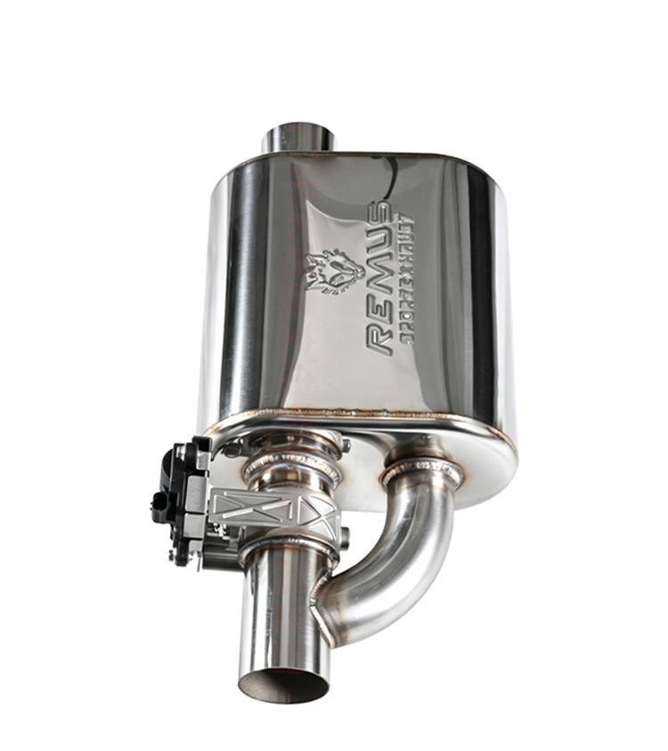 Car exhaust pipe modification with REMUS wolf logo, electric single inlet single outlet valve, upgraded variable sound for sports car