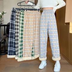 厚いベルベットの格子縞のズボンの女性の冬のカジュアルなストレートパンツの腰の高いズボンのペンダント感のズボンの子羊のベルベットのワイドパンツ