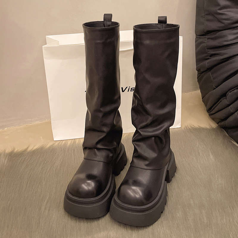 Fashionable temperament, slim mid length stacked boots, 2024 autumn new style, thick soled retro pants, long leg knight_voghion.com