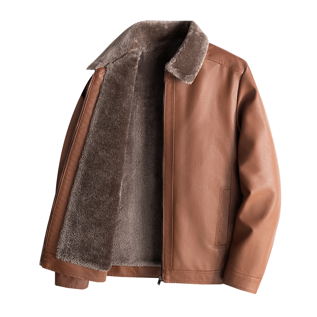 Winter new men's plush PU leather youth lapel, warm middle-aged and elderly dad jacket, business jacket_voghion.com