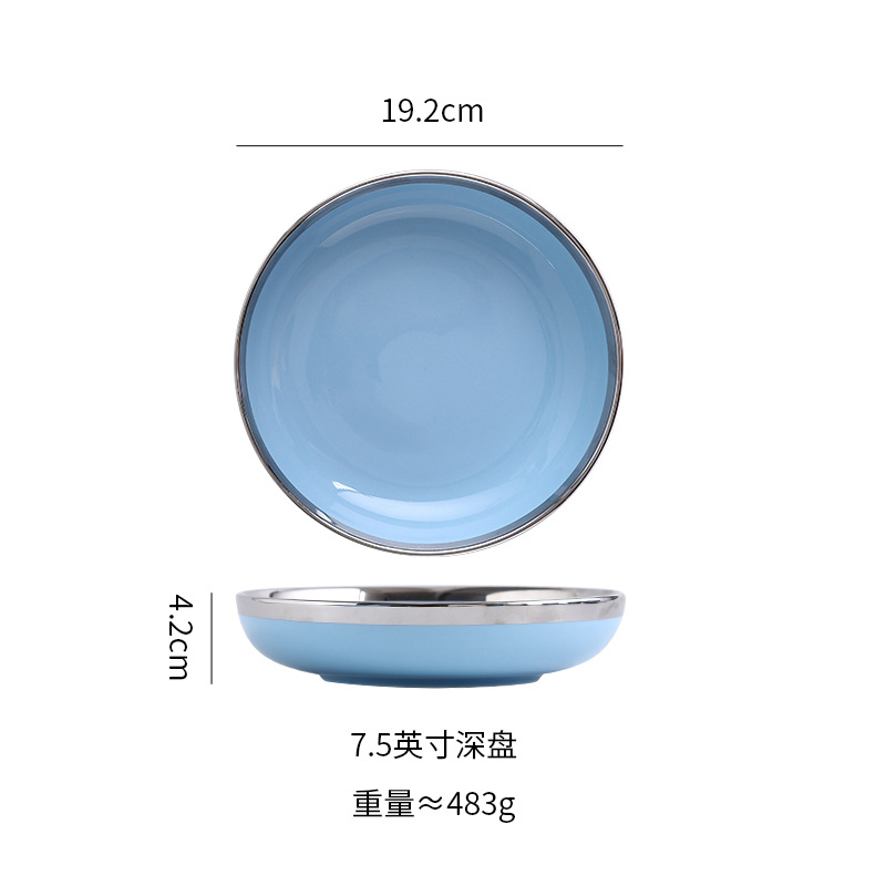 Borde de plata Azul luz vajilla de cerámica de lujo Occidental plato tazón de fuente traje combinación plato de sopa tazón de arroz plato de carne