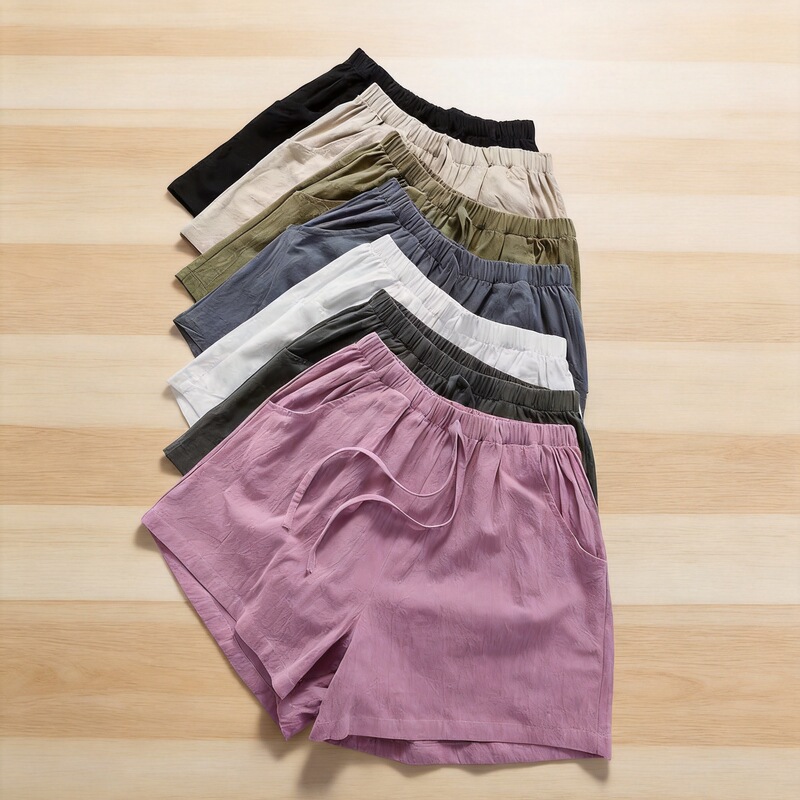 Summer women's cotton-linen shorts for outdoor wear, wide-leg, plus-size, high-waisted, three-quarter hot pants, casual thin elastic-waist pants for women Summer women's cotton-linen shorts for outdoor wear, wide-leg, plus-size, high-waisted, three-quarter hot pants, casual thin elastic-waist pants for women
