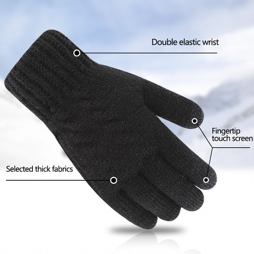 New men's double-layer thickened knitted wool gloves, winter warm plus velvet cycling and cold-proof touch screen gloves
