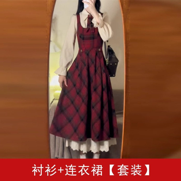 过年穿搭红色格纹背带连衣裙子女秋冬季2025新款新年战袍长裙套装|undefined