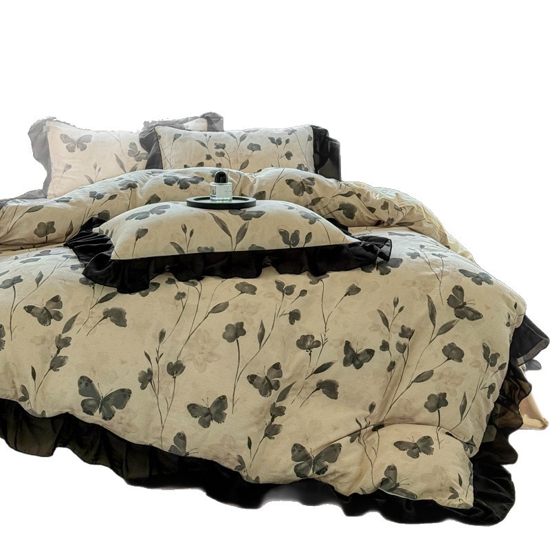 Juego de ropa de cama de cuatro piezas de algodón puro estilo boho vintage nórdico francés de clase A con gasa de doble capa en encaje vintage francés estilo Hepburn._voghion.com