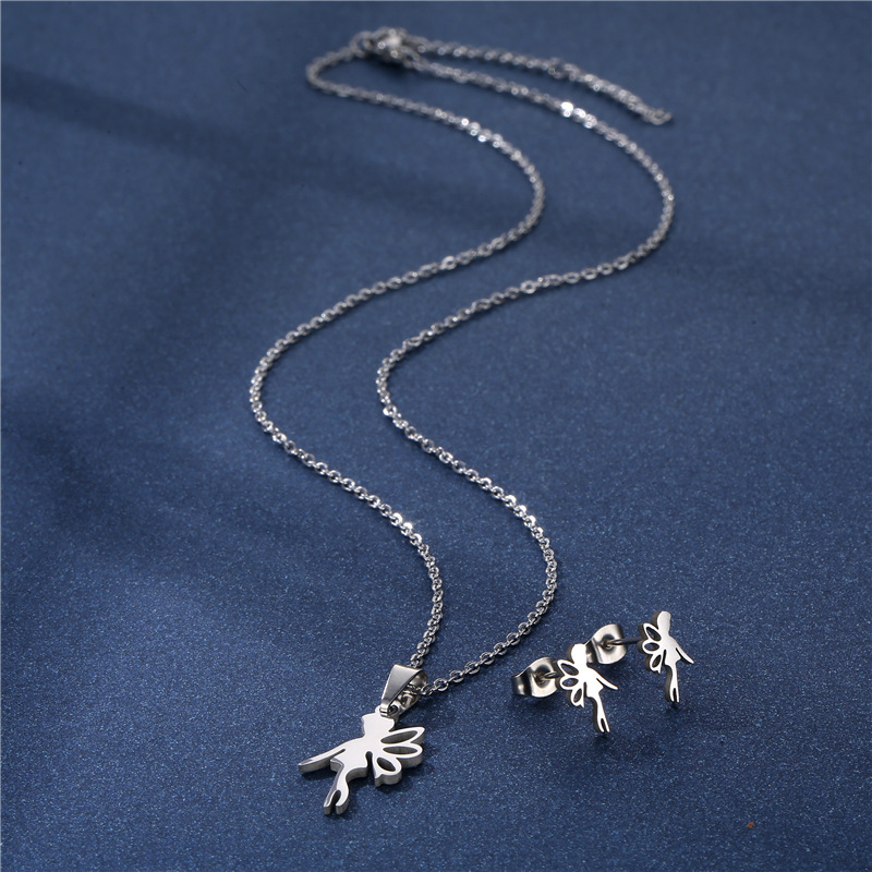 Butterfly fairy cross-border stainless steel fashion angel wings necklace earrings set