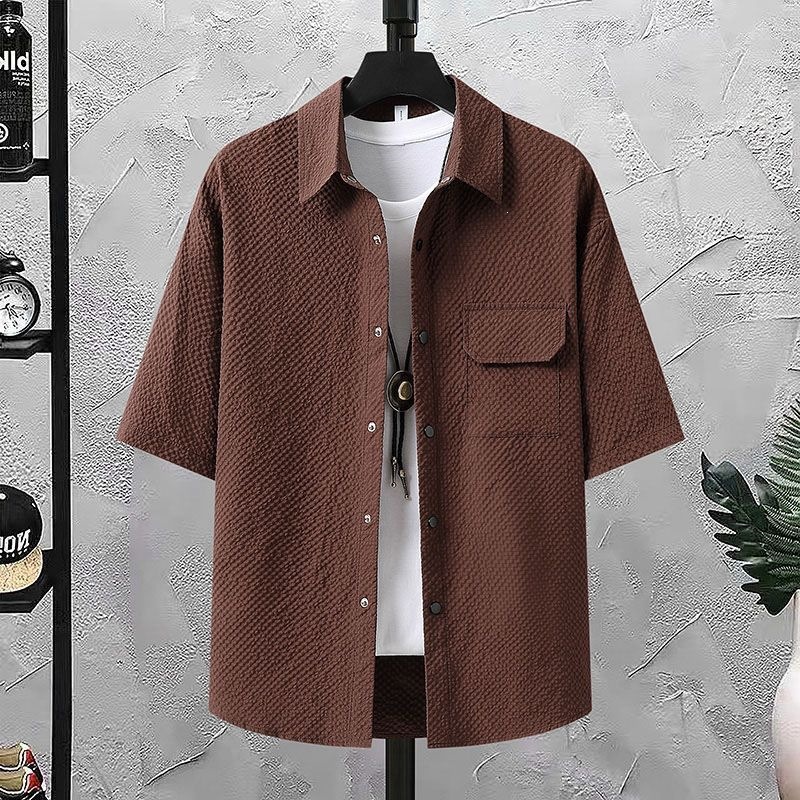 Abbigliamento uomo Seersucker Completo da uomo a due pezzi a maniche corte Stile estivo Giovanile alla moda Vestibilità ampia Abbigliamento da lavoro fresco Camicia e pantaloncini_voghion.com