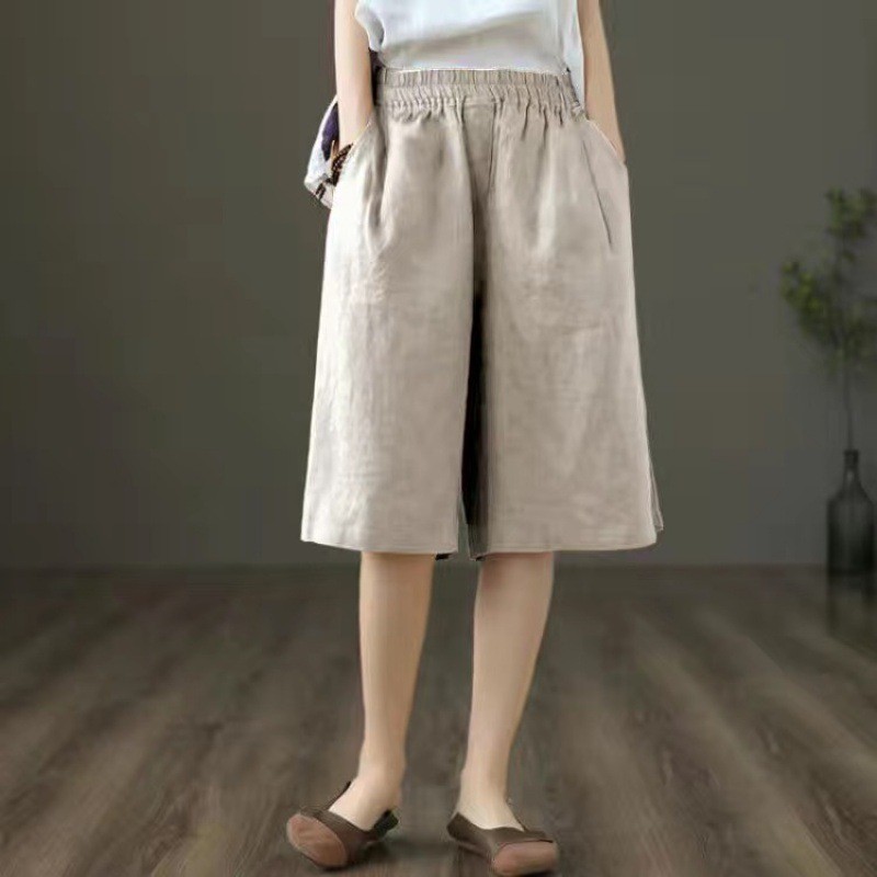 棉麻五分裤短裤女夏季薄款高腰宽松显瘦休闲裤直筒阔腿裤2024
