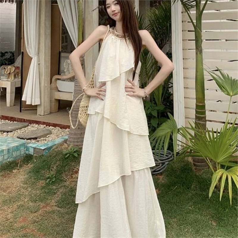 新款韩版绝美温柔风蛋糕长裙显瘦无袖挂脖连衣裙长裙女仙|undefined