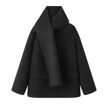 2025冬季新款时尚黑色带围巾宽松毛呢大衣外套女A1AAF4247