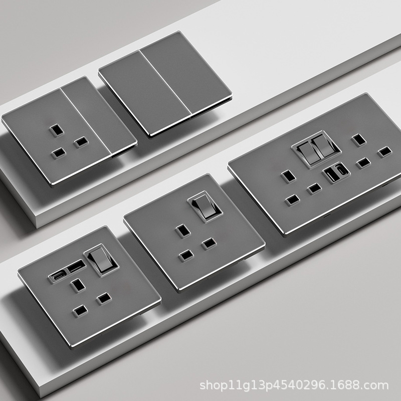 Hong Kong and Macau Version 13A British-Style Socket with USB Fast Charging Type-C, British Standard Square Pin Three-Hole Socket, Gray Skin-Touch Glass Panel
