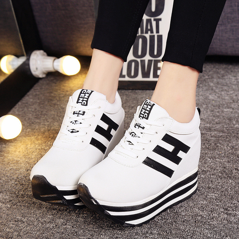 Foreign Trade Inner Height Increasing Single Shoes Women's Four Seasons Super High Heel Female Student Sports White Shoes Casual Thick Sole Inner Height Increasing Women's Shoes
