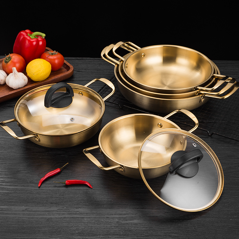 IYR7韓式泡麵鍋不鏽鋼金色湯鍋燃氣電磁爐煮麵鍋方便麵拉麵鍋火鍋