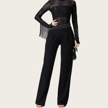 吉特巴新款女荷叶边镶钻中腰舞蹈裤广场舞三步踩演出弹力直筒长裤