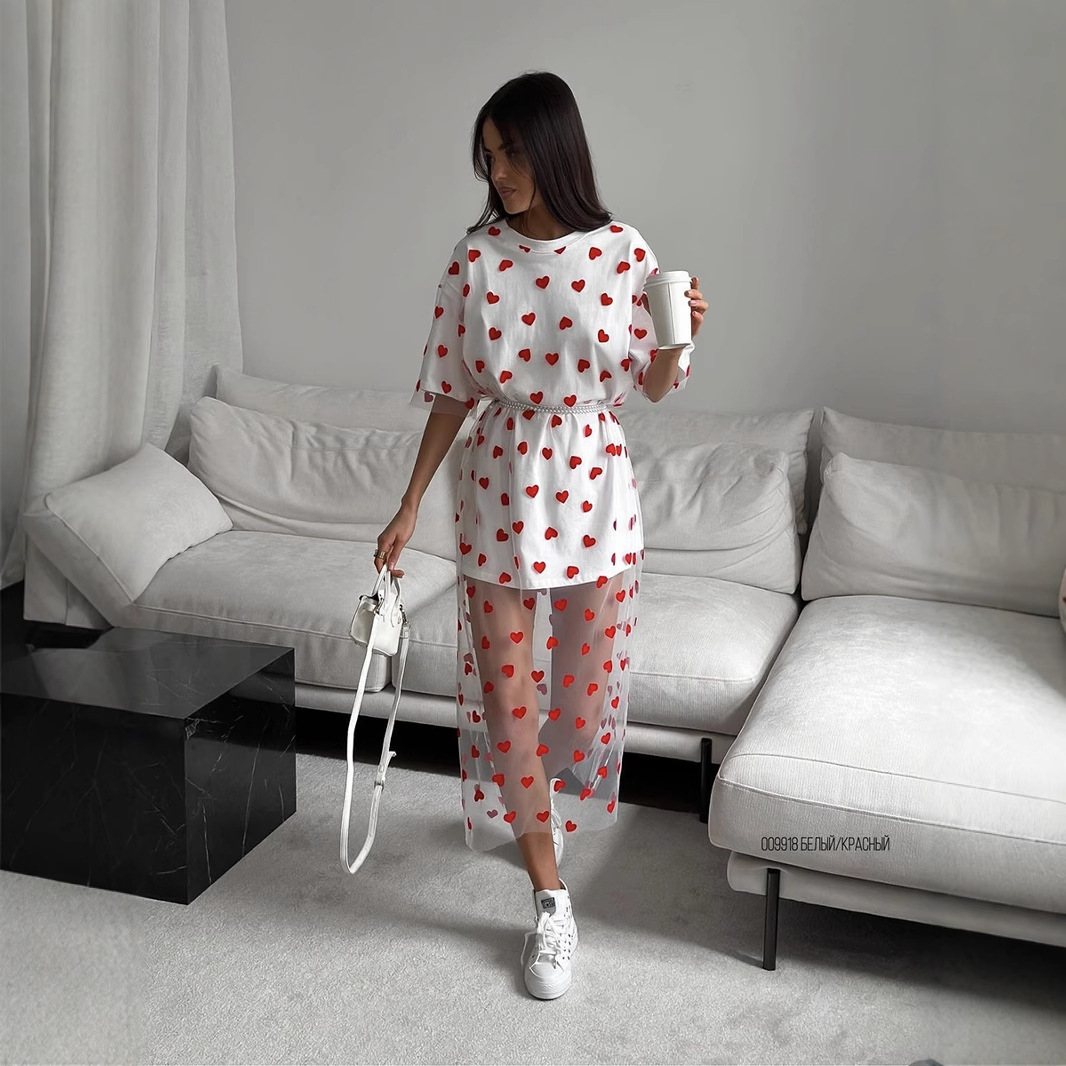 Women's Long T-Shirt Dress Sexy Heart Mesh Patchwork Loose Fit Short Sleeve_voghion.com