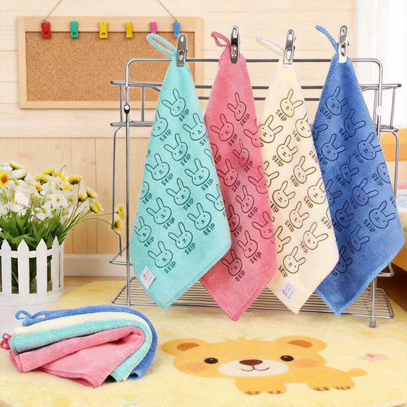 Printed Rabbit Square Towel Kindergarten Hand Towel Hook Fine Fiber Absorbent Kitchen Towel Face Towel Dry Hair Towel