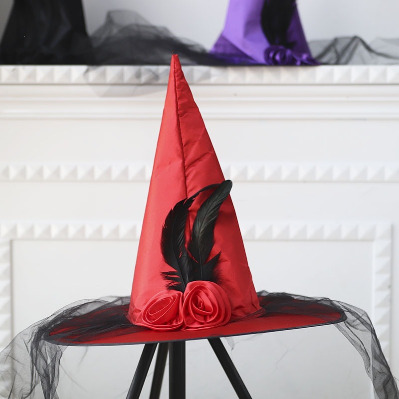 Sombreros de bruja de Halloween para niños, vestido de baile para adultos, sombreros de bruja de malla de rosas, suministros de fiesta, sombreros de bruja