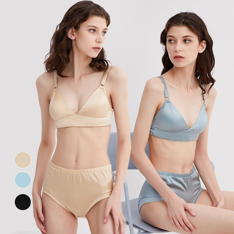 甄選高端19姆米素縐緞桑蠶絲文胸內褲女士真絲內衣三角褲中腰底褲