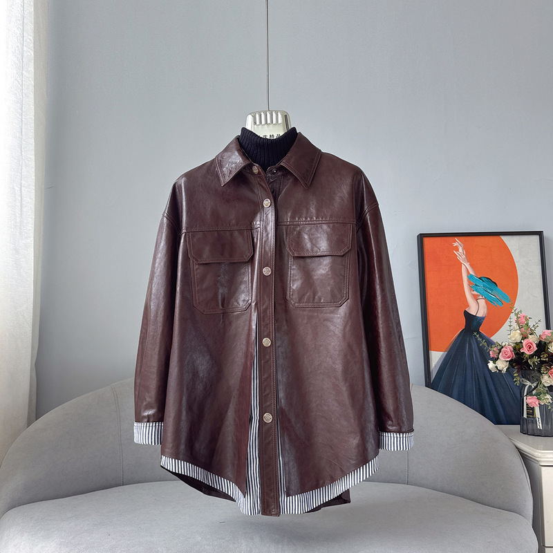 2025 Designer Oil Wax Sheepskin Autumn Women's Mid-Length Double Layer Motorcycle Shirt Windbreaker Slim Genuine Leather Jacket 2025 Designer Oil Wax Sheepskin Autumn Women's Mid-Length Double Layer Motorcycle Shirt Windbreaker Slim Genuine Leather Jacket
