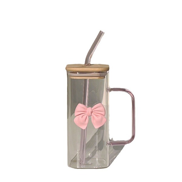 Transparent square coffee glass with glass with bow