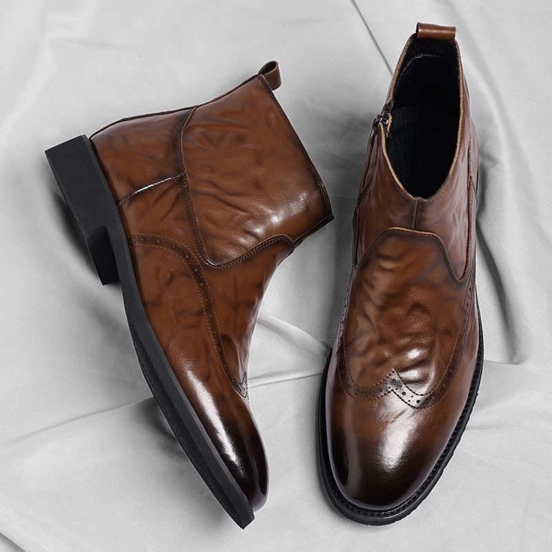 Boots Men's Genuine Leather 2025 New Business Casual High-Top Leather Shoes British Chelsea Boots Zipper Fleece-Lined Short Boots