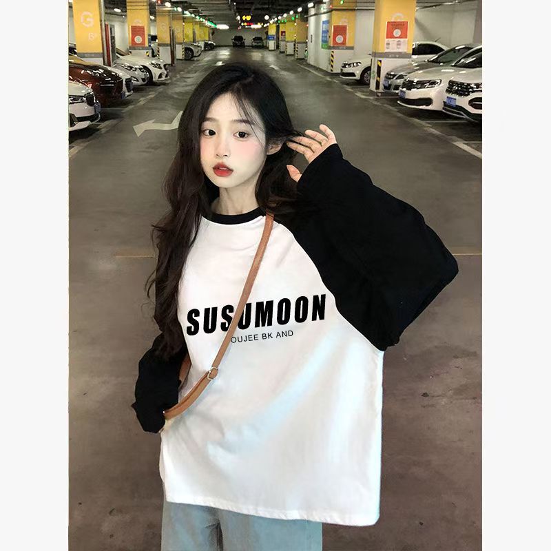 American Retro Contrasting Color Stitching Printed Raglan Long-Sleeved T-Shirt for Women Spring & Fall Casual Loose Slimming Look Mid-Length Top American Retro Contrasting Color Stitching Printed Raglan Long-Sleeved T-Shirt for Women Spring & Fall Casual Loose Slimming Look Mid-Length Top