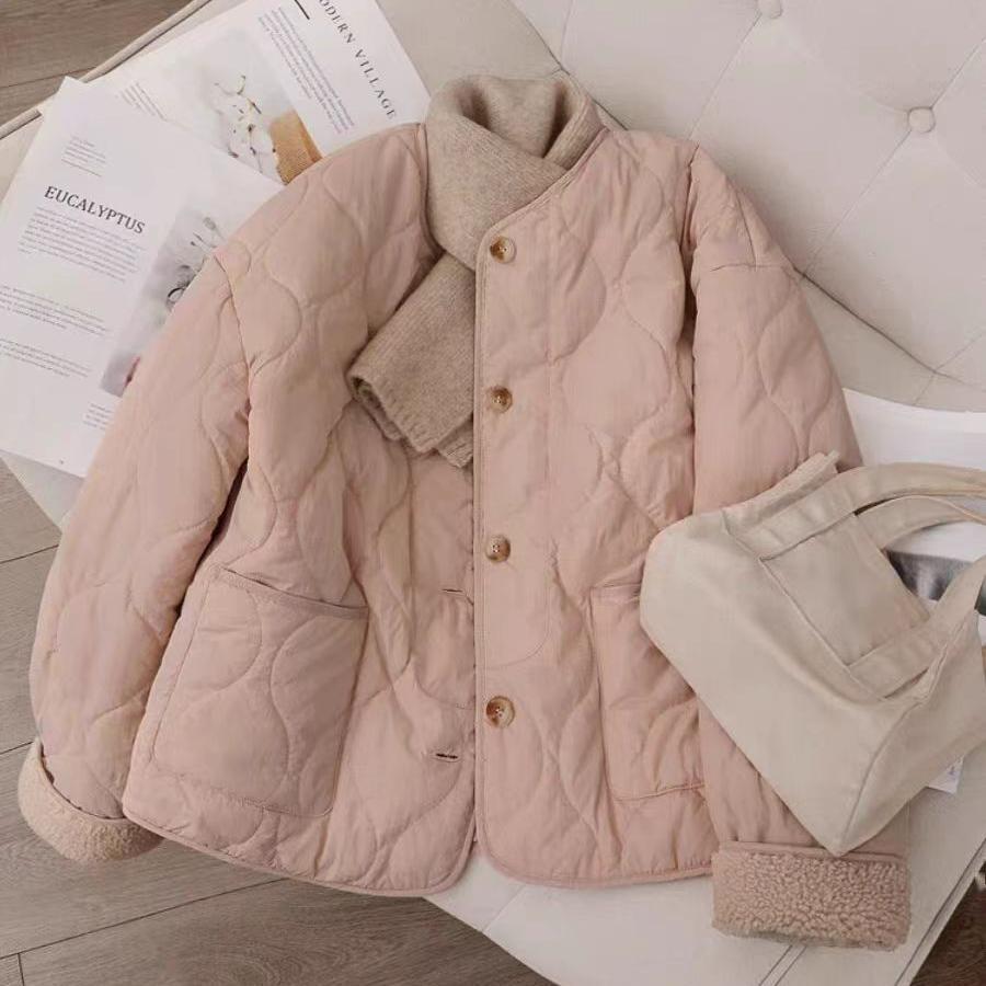 2025 핑크 RHOMBUS FAUX CASHMERE COTTON-PADDED JACKET 여성용 한국식 두꺼운 라운드 넥 코트 코튼 패딩 코트 컬러 블랙